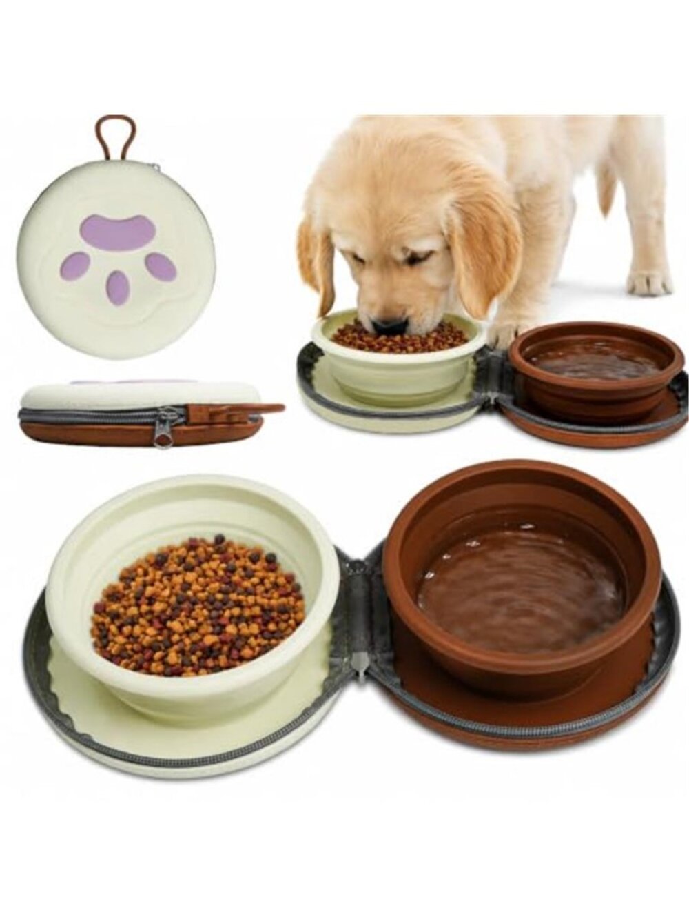 1Pcs Collapsible Dog Bowls 450ML Silicone Travel Bowls Brown and Green